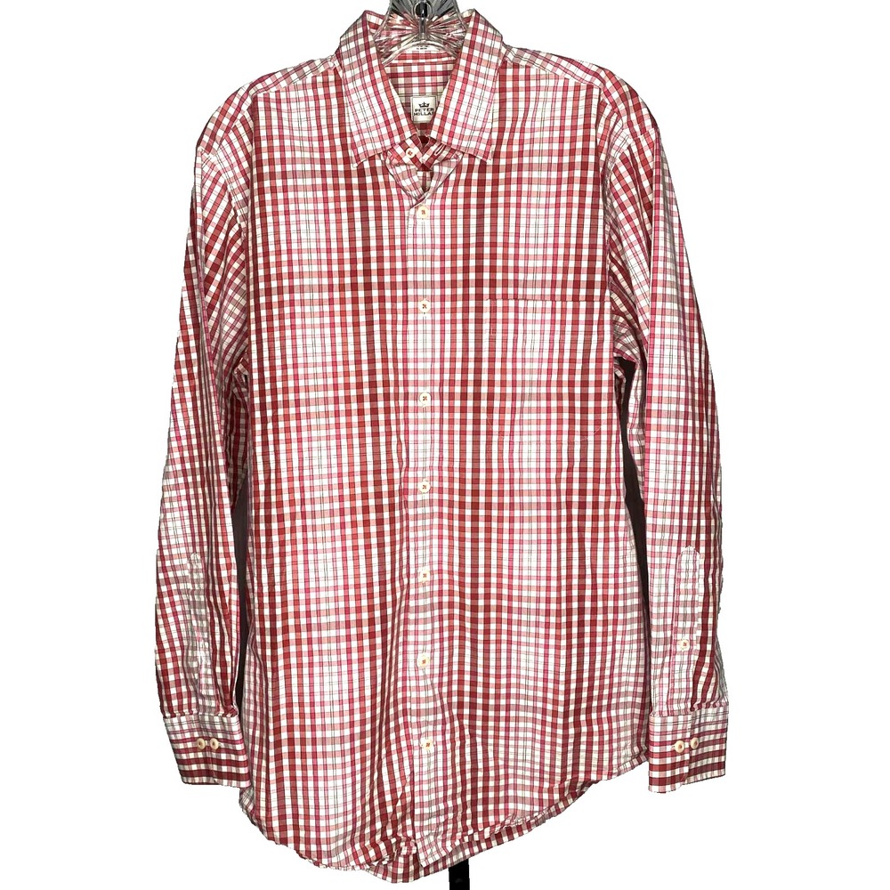 Peter Millar Dress Shirt‎ Sz Medium Red pink white Check Long Sleeve Button Down